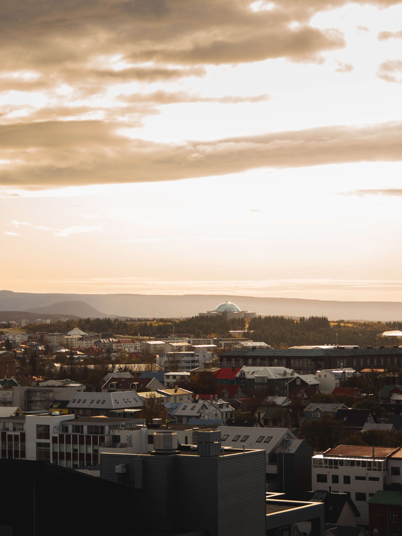 reykjavik panorama in the evening with the sun set