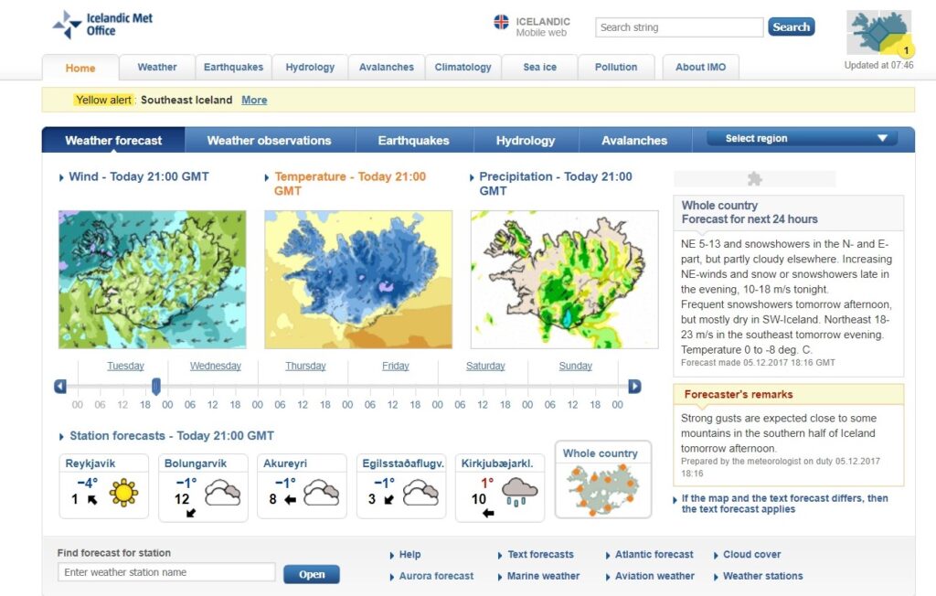 screenshot of icelandic weather website